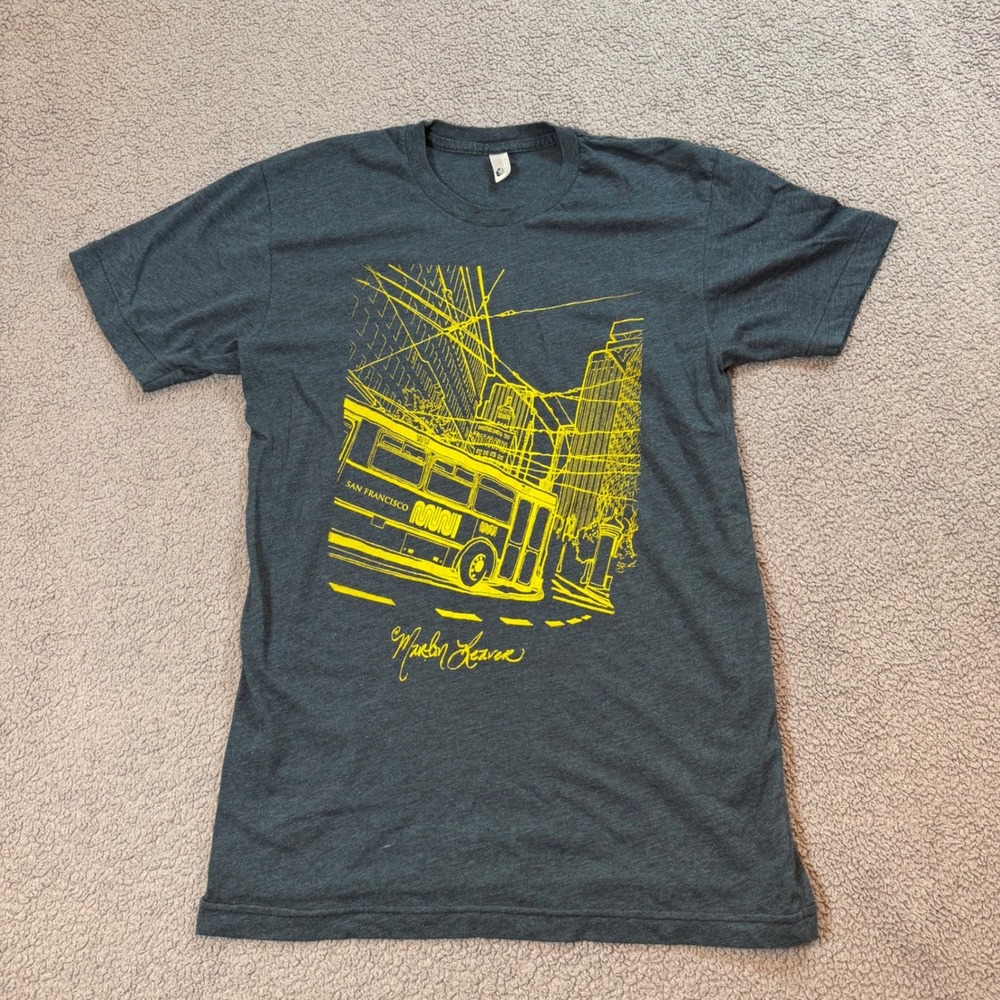 American Apparel San Francisco MUNI Bus Graphic T-Shirt Gray Yellow Small